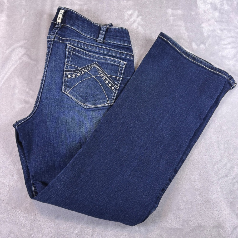 Ariat REAL Denim Bootcut Jeans Womens 32R Medium Wash Rhinestone Western Stretch